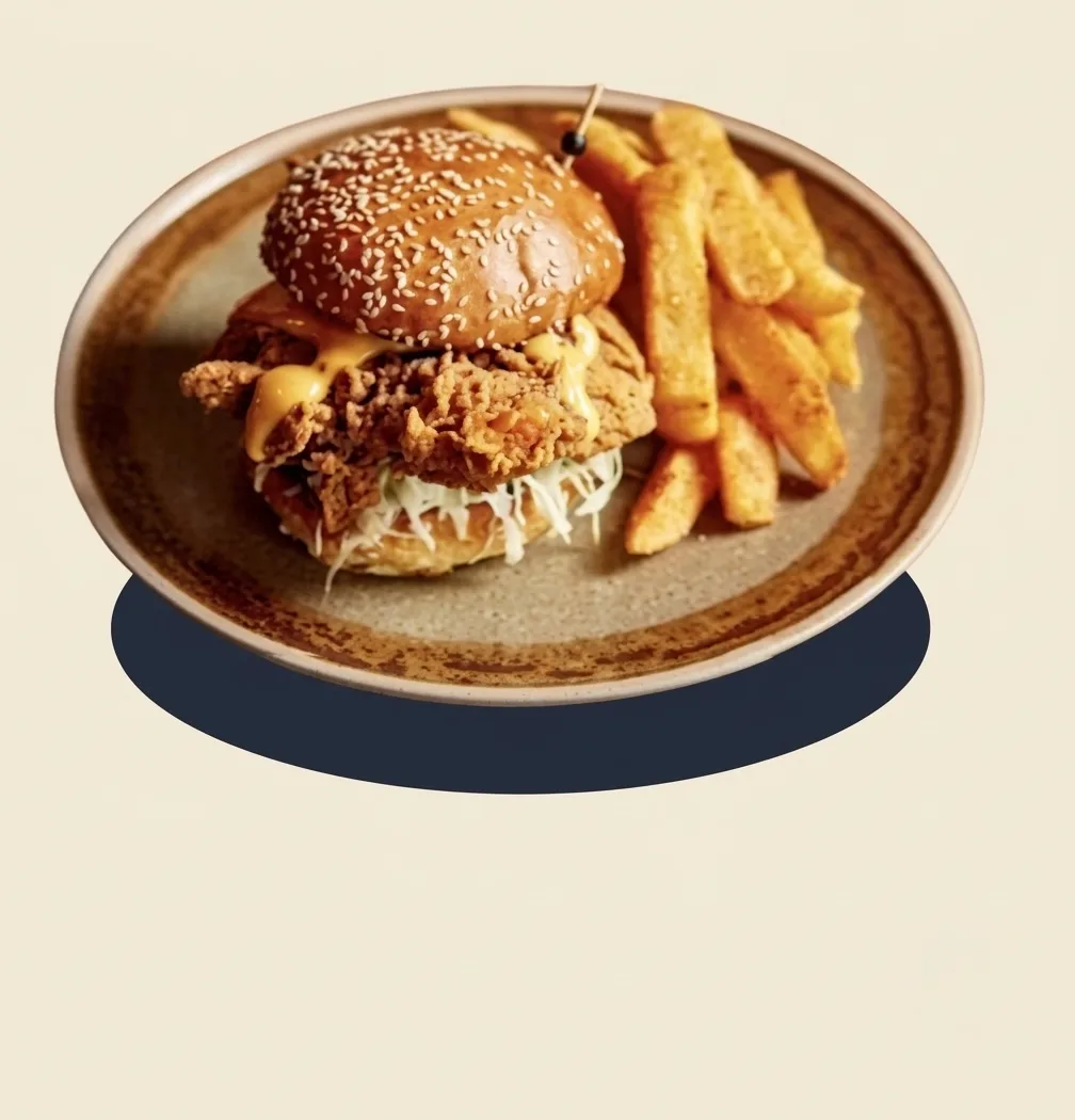 Crispy Chicken Burger with Fries at Kopi & D'zert
